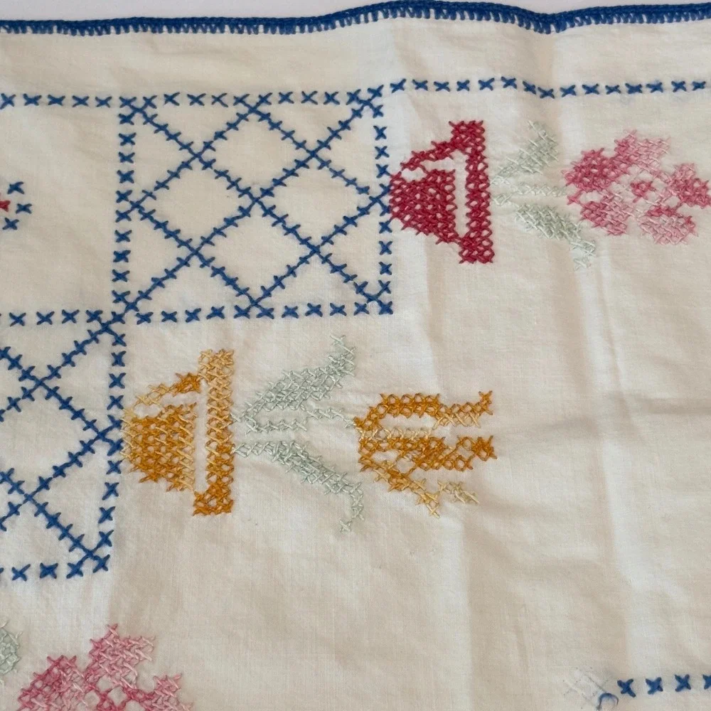 Vtg‎ Hand Embroidered Floral Cross Stitch Table Runner Blue Crochet Edge 40x13